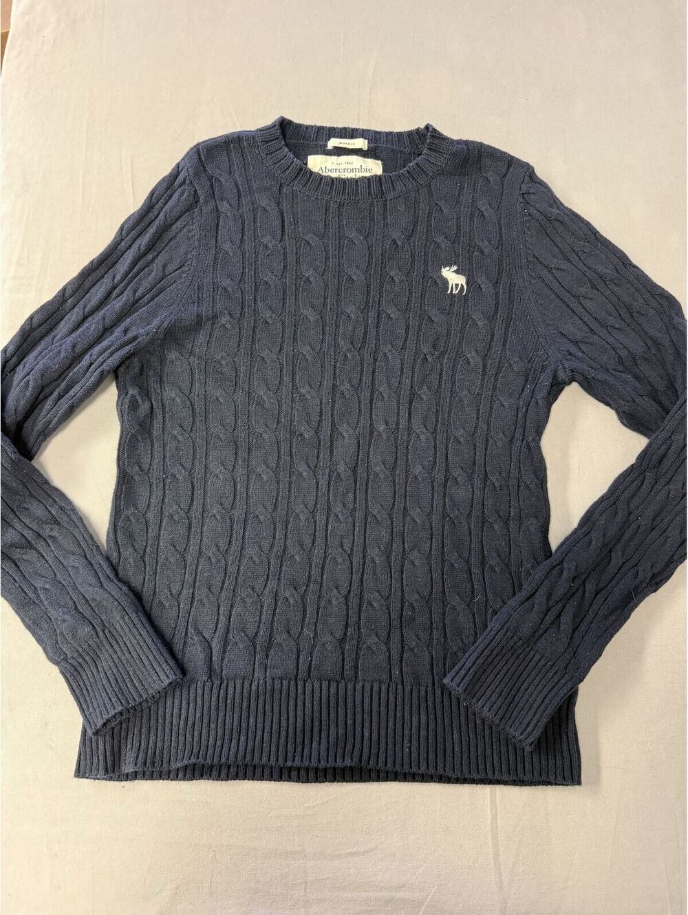 Mens Cable Knit Navy Sweater Muscle Abecrombie & Fitch - XXL